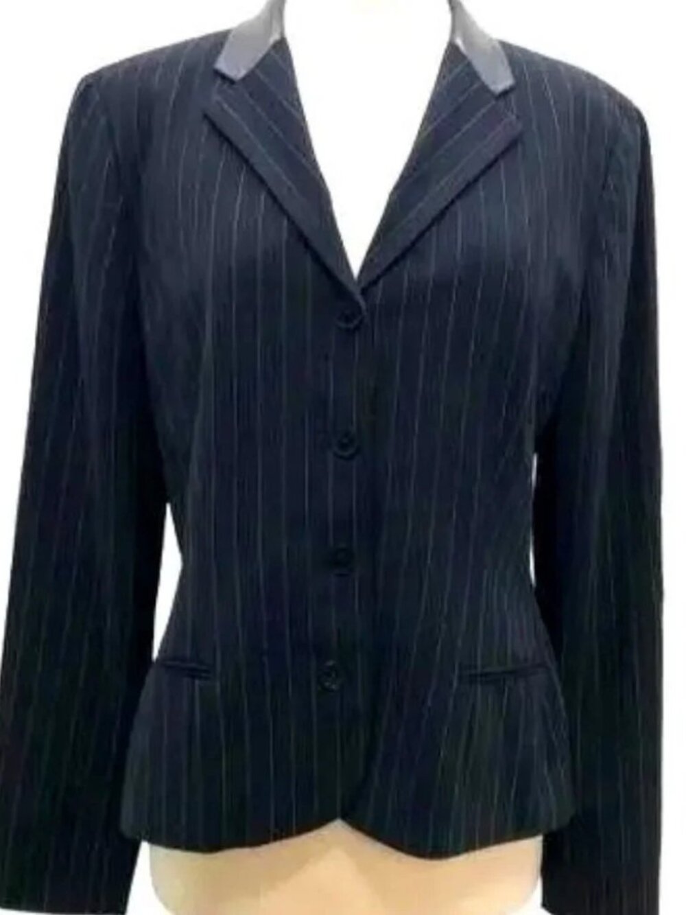 Vintage RALPH LAUREN Equestrian Pinstripe Wool Blazer Black Leather Collar 12